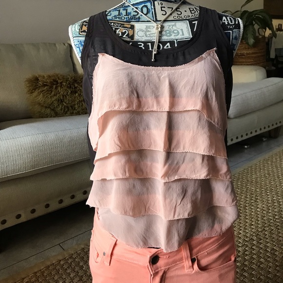 silk ruffles top in brown and peach Small - Picture 2 of 9